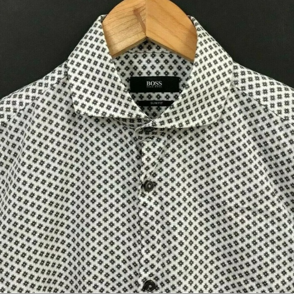 HUGO BOSS Men's Ivory/Brown Geometric Slim Fit Dress Shirt Size 14.5 x 30